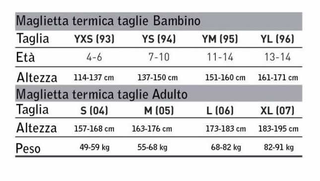 Tabella taglie maglia termica Finis